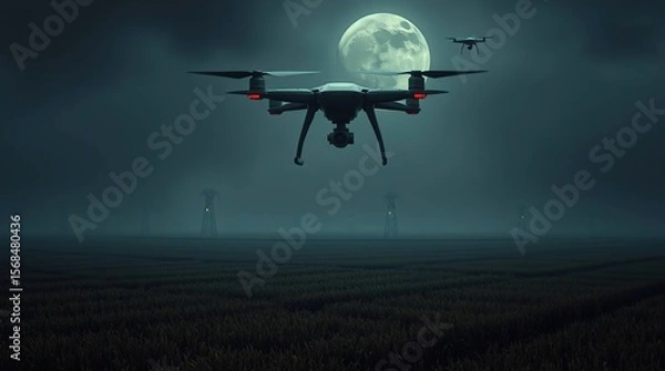 Obraz Drones Night Field Fog Moon.