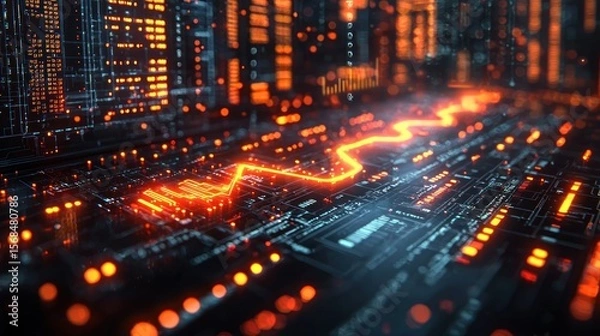 Fototapeta Abstract circuit board design with glowing orange path.