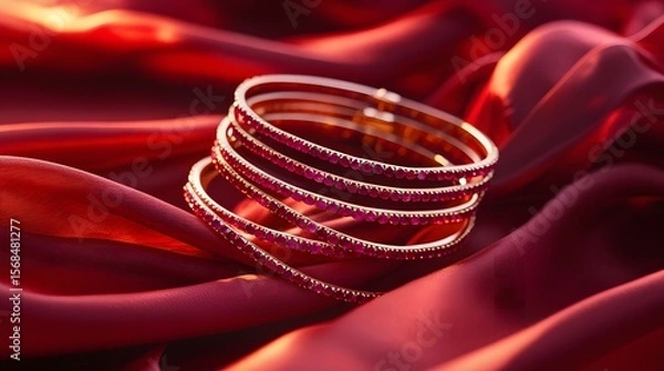 Fototapeta Ruby Bracelet Stack: Fiery Layers on Silk