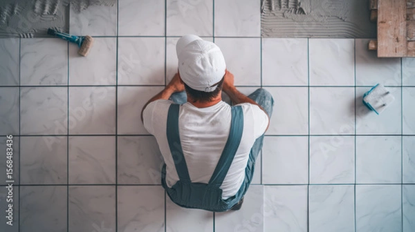 Fototapeta Man installing marble tiles on a floor, viewed from above