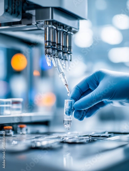 Fototapeta Laboratory scientist filling a test tube with liquid in a modern lab setting