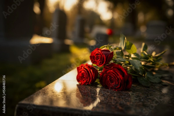 Fototapeta Red roses resting on a gravestone in a tranquil cemetery during sunset