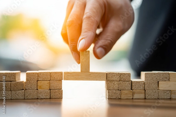 Fototapeta Building resilience: a hand placing a wooden block to bridge gaps in a tower of bricks