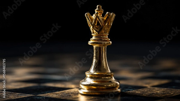 Fototapeta Elegant golden king chess piece on a chessboard with a dark background