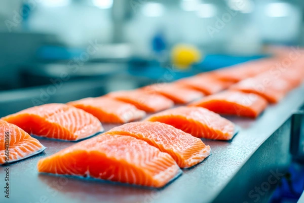 Fototapeta Fresh salmon fillets arranged on a preparation table in a seafood processing facility