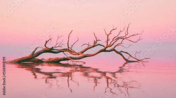 Fototapeta Serene scene of a fallen tree reflected in calm pink-hued waters at sunset