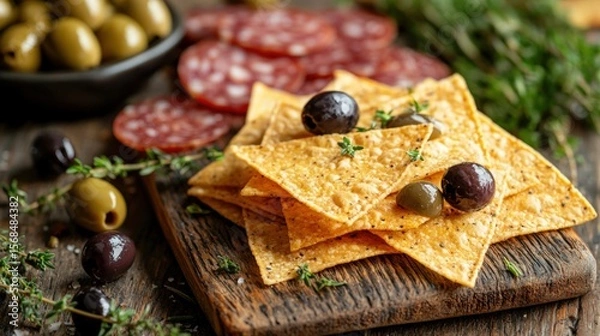 Fototapeta Delicious assortment of crispy crackers, cured meats, and olives on a rustic wooden serving board