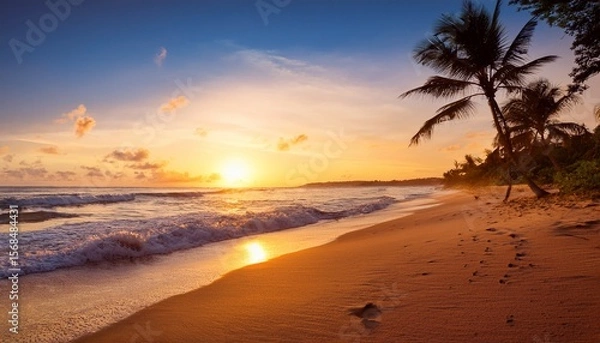 Fototapeta serene sunset beach scene tranquil ocean waves palm trees and sandy shores