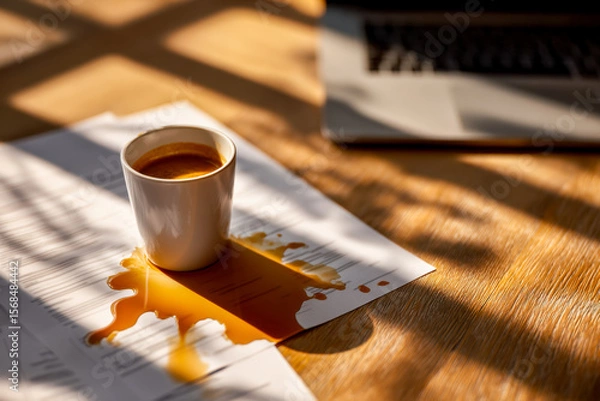 Fototapeta Spill of coffee on documents creating a messy workspace scene