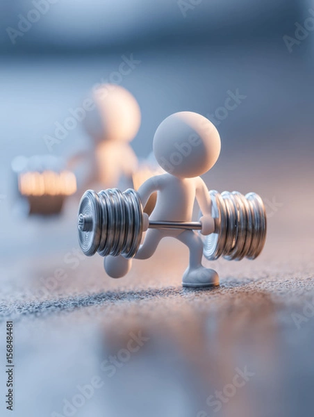 Fototapeta Small humanoid figure lifting a metallic dumbbell in a minimalistic setting