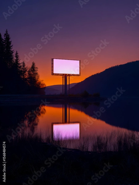 Fototapeta Vibrant sunset with an illuminated billboard reflected on calm water at dusk