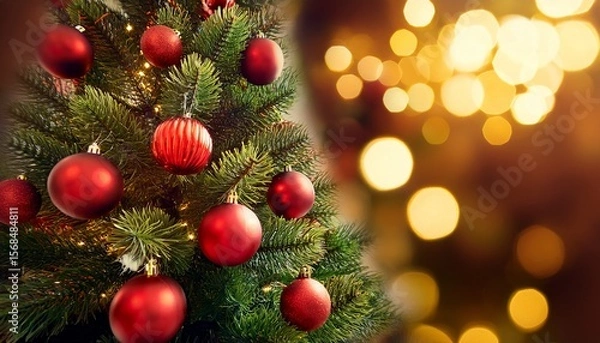 Obraz christmas tree decorated with red ornaments and glowing golden bokeh lights in soft focus