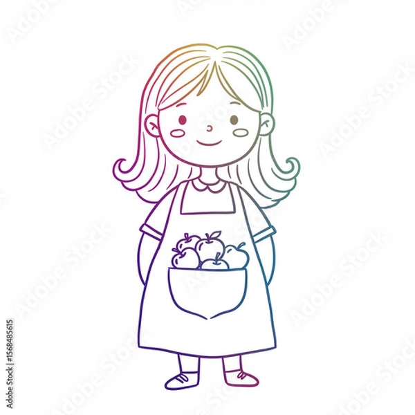 Fototapeta Young girl smiling while holding fruits in a pocketed apron  