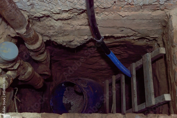 Obraz Shallow excavation features wooden ladder, drainage pipes, and a blue barrel at the bottom, indicating ongoing construction work