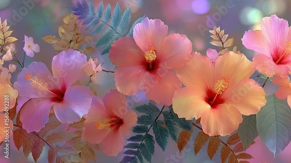 Fototapeta   A close-up of flowers with clear leaves against a blurry background and bokeh lighting