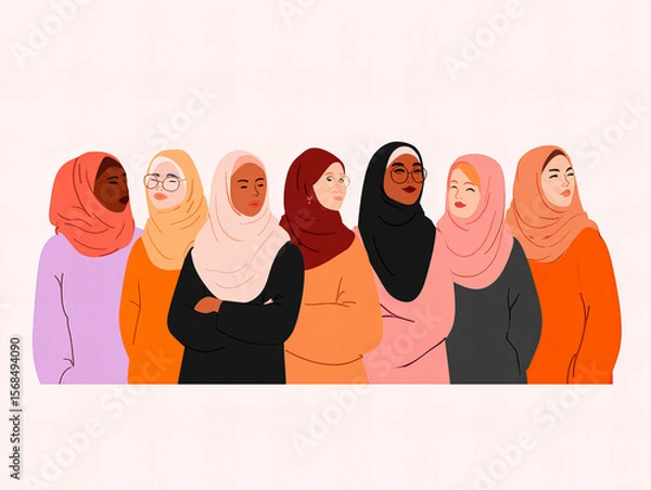 Fototapeta Diverse group of women wearing hijabs showcasing unity and strength during community gathering
