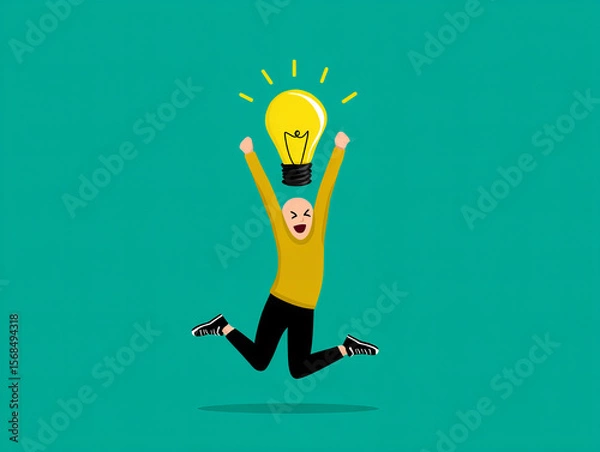 Fototapeta Joyful person jumping with excitement holding a light bulb above their head in a vibrant setting