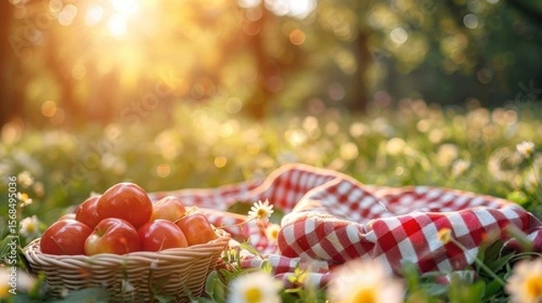 Fototapeta Sunny picnic scene apples in basket on checkered blanket, meadow of daisies, dappled light
