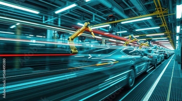 Fototapeta Robots build teal cars with light trails