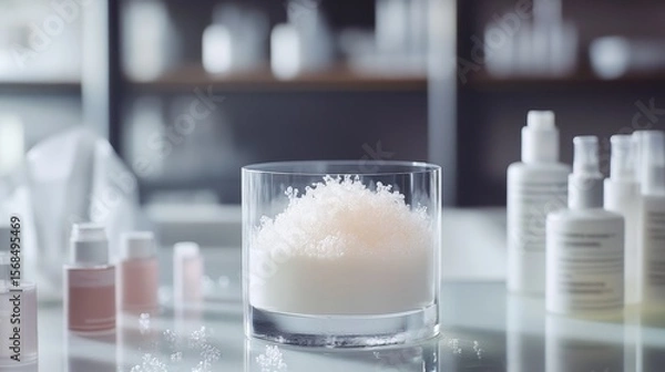 Fototapeta Science lab doing experiments with beauty products. They're using a glass model of tiny particles.
