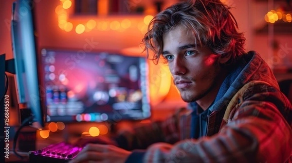 Obraz Focused teenager plays a vibrant video game at night