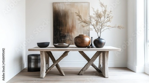 Fototapeta Simple design with modern art. A plain table with unique art and natural touches mixes new art with a clean look.
