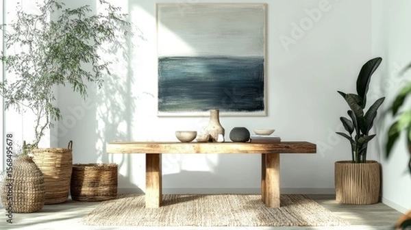 Fototapeta Simple design with modern art. A plain table with unique art and natural touches mixes new art with a clean look.
