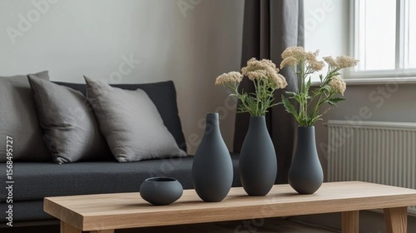 Fototapeta Simple home decorations on a plain coffee table. The table sits in front of a dark couch with pillows. Gray vases and flowers are on a wooden bench in a small, dim room. It's a Scandinavian style.
