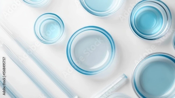 Fototapeta Simple image: Glass dishes and blue liquid-filled tubes on white. Space to show a product or add text.
