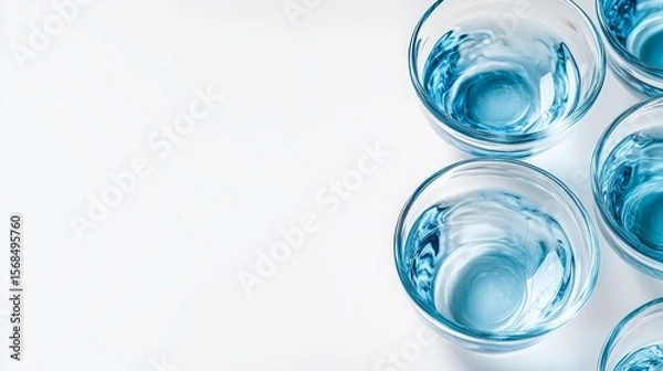 Fototapeta Simple image: Glass dishes and blue liquid-filled tubes on white. Space to show a product or add text.
