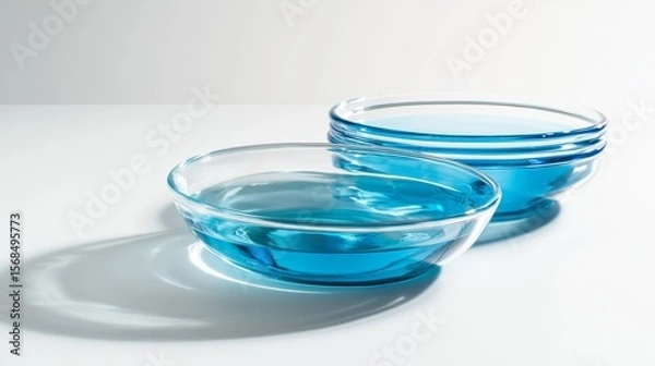 Fototapeta Simple image: Glass dishes and blue liquid-filled tubes on white. Space to show a product or add text.
