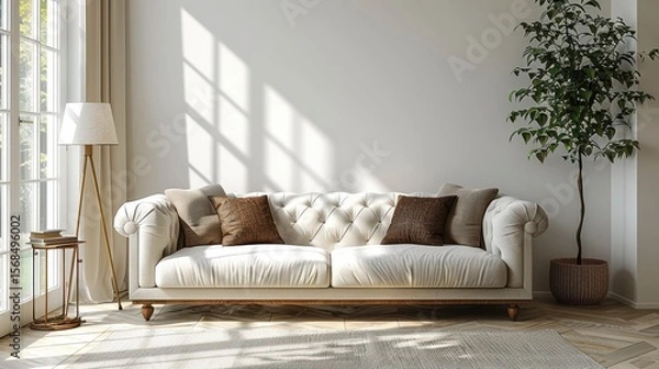 Obraz Bright room with off-white couch, sunlit wall, tree in pot by large windows