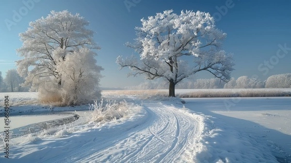 Fototapeta Frozen path curves between frost-covered trees, under a blue sky. Winter landscape with snow