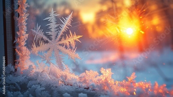 Obraz Window frost, large snowflake detail, sunburst background