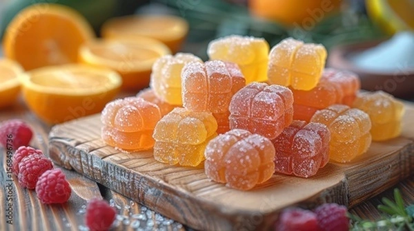 Fototapeta Fruity gummies piled on a wooden board with fresh oranges, berries, & greenery