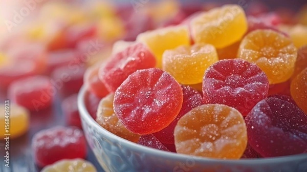 Obraz Colorful candies in bowl. Sugary, sweet treats close-up with bright natural light