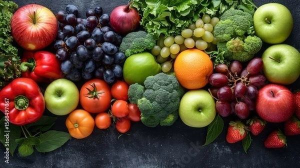 Fototapeta Abundant spread of fresh fruit, vegetables, leaves displayed overhead on dark surface
