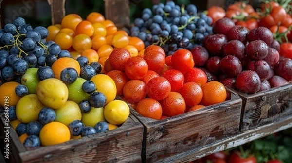 Fototapeta Fresh produce bins overflow with colorful grapes, tomatoes, and small fruits at a market stall