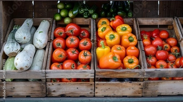 Obraz Veggies in rustic crates. Zucchini, tomatoes, peppers, zucchini. A fresh display of produce