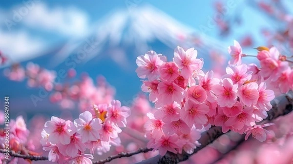 Fototapeta Delicate pink blossoms frame a snowy mountain, bathed in soft sunlight