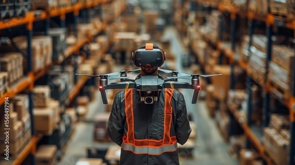 Fototapeta Worker with VR headset and drone in warehouse