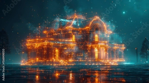 Fototapeta Glowing wireframe house model on reflective surface under a starry night sky