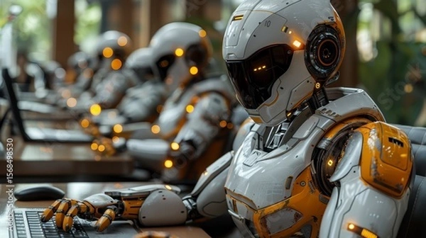 Fototapeta Robots at desks in an office, working. Focused. Futuristic, efficient. Automated work force