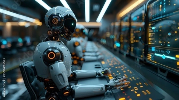 Fototapeta Robots at consoles with orange lights, performing tasks in a futuristic control room