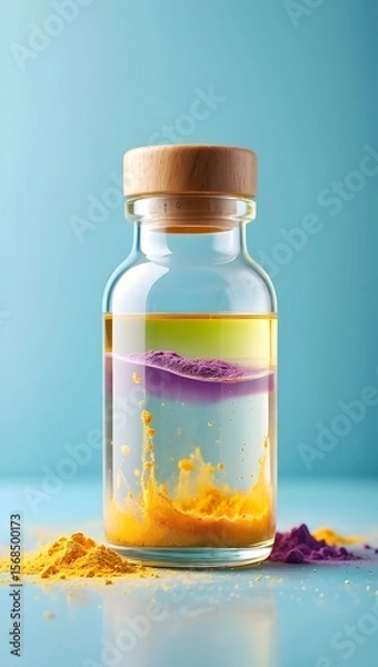 Fototapeta Colorful powder layers in glass bottle with wooden lid for science experiment use
