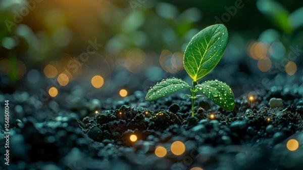 Fototapeta Sprout rising. Young seedling with water droplets emerging from dark soil amidst glowing particles in soft light