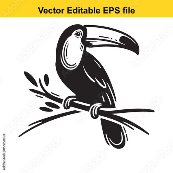 Fototapeta Monochrome Vector Illustration of a Toucan Perched on a Branch in a Simple Black and White Design Suitable for Various Projects