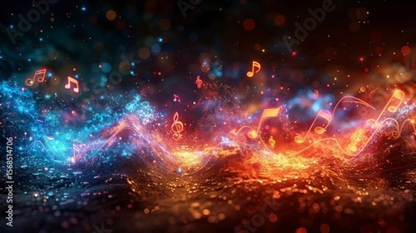 Fototapeta Ethereal waves of blue/orange energy carry music notes over a dark background with bokeh