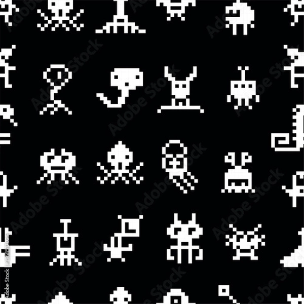 Obraz Pixel monsters seamless pattern. Arcade game 8 bit characters, white on black backdrop. Aliens ufo invaders, retro fabric print design, neoteric vector background