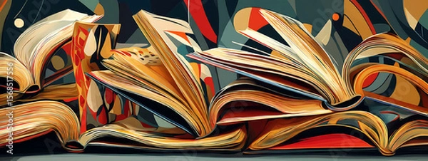 Fototapeta Open book on top of stack of old books with wide view, plenty of space for text